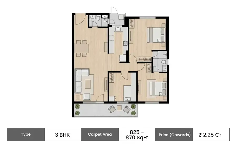 Wadhwa Solis 3 BHK floor plan, 825 sq ft carpet area