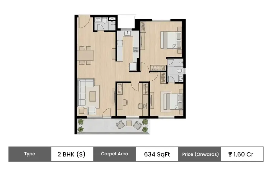Wadhwa Solis 2 BHK floor plan, 634 sq ft carpet area