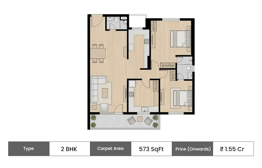 Wadhwa Solis 2 BHK floor plan, 573 sq ft carpet area
