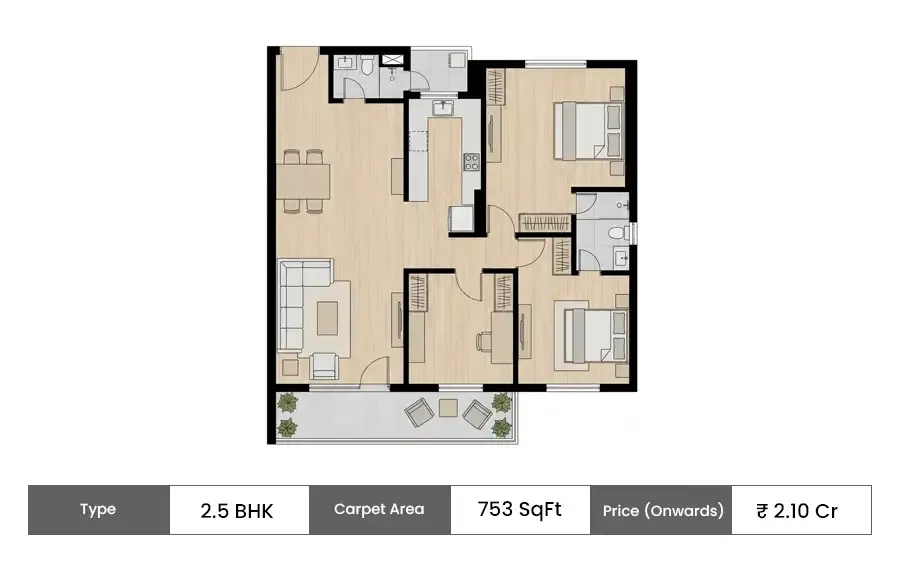 Wadhwa Solis 2.5 BHK floor plan, 753 sq ft carpet area