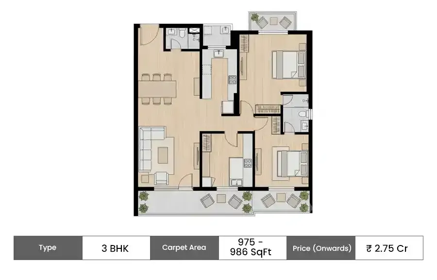 Wadhwa Solis 3 BHK floor plan, 975 sq ft carpet area