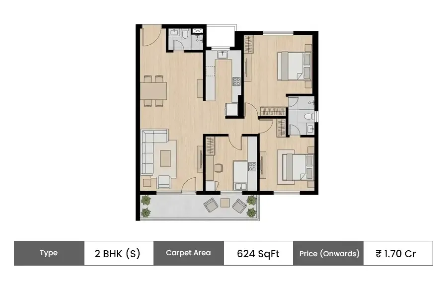 Wadhwa Solis 2 BHK floor plan, 624 sq ft carpet area
